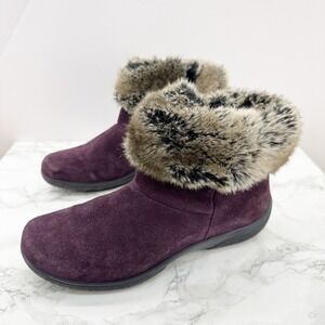 Hotter Romance II Dark Cherry Ankle Boots Womens 8.5 Purple Suede Faux Fur Zip
